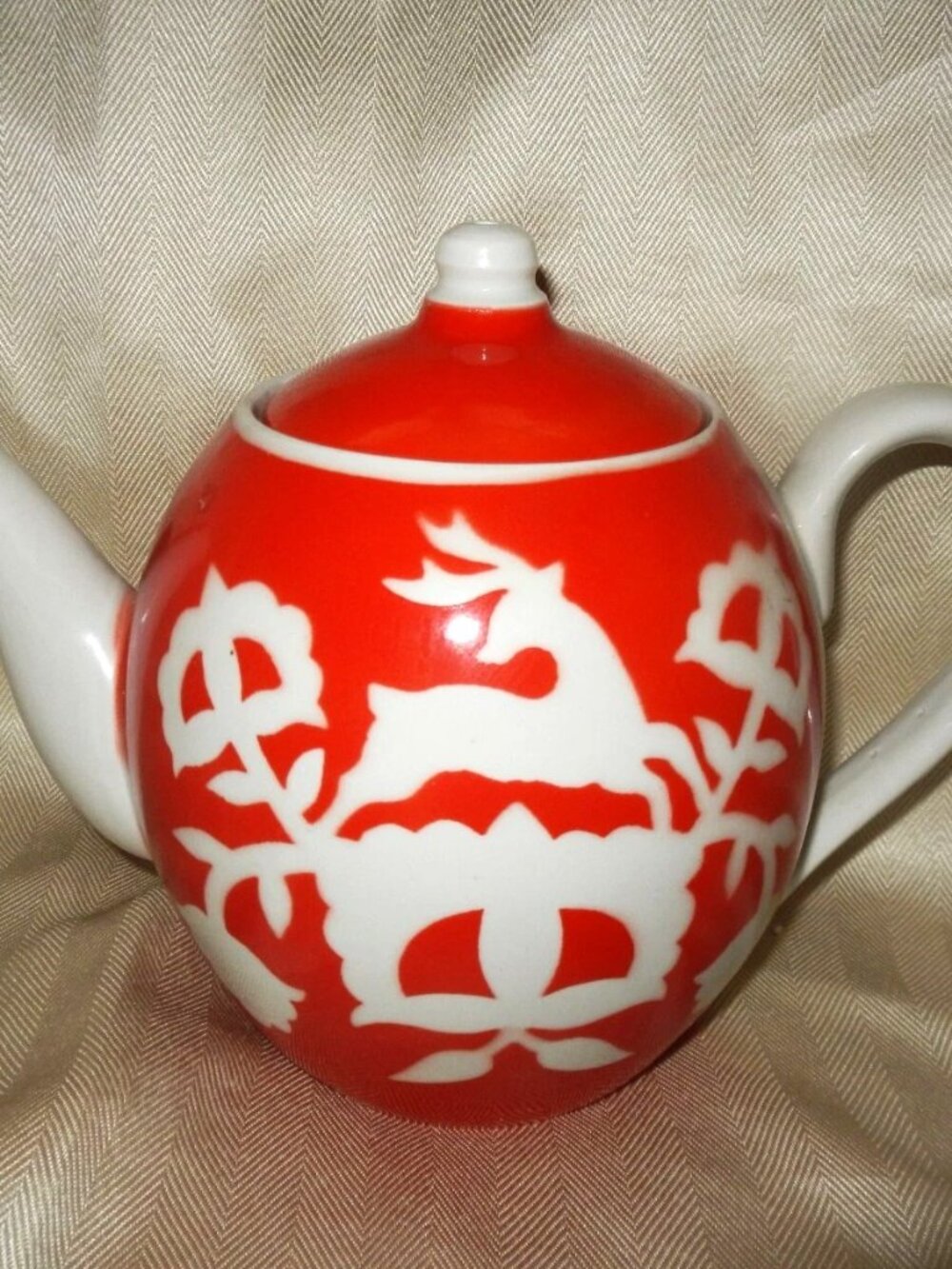 Vintage Soviet USSR Porcelain Teapot Red & White Deer Pattern